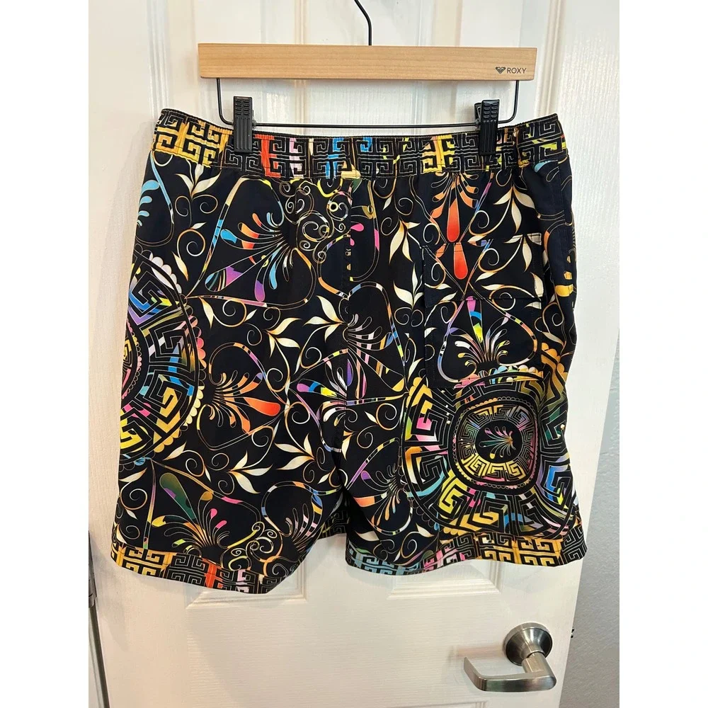 Johnny Was Swim Trunks Black Multi Color Geometric Floral Board Shorts Mens‎